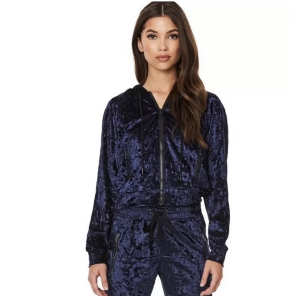 Emma & Sam Crushed Velvet Crop Jacket Navy Hooded